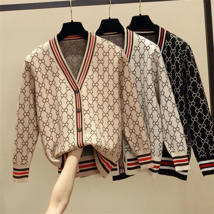 

Korean Trendy Wool Knitted Long Cardigan Casual Crochet Fall Vintage Letter Plaid Sweater Women 2022, As show / custom colors