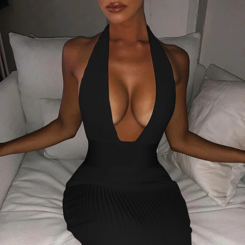 

2021 Sleeveless Leak Back Club Party Causal V-neck Skirt Bodycon Hip Dress