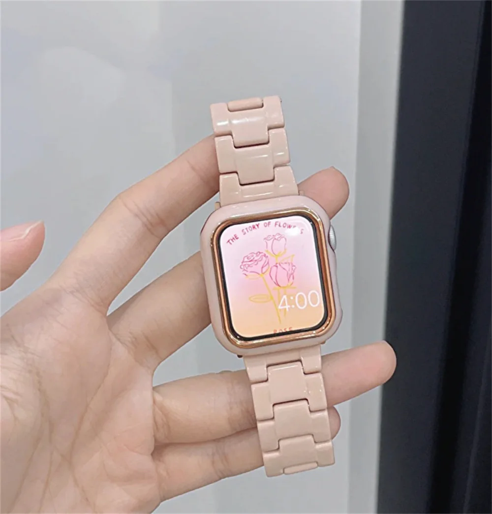 

New Watch band and Case For Iwatch Series 7 6 5 4 Luxury Resin Watch Strap Cover For Apple Watch Band Case 40mm 44mm 45mm 38mm, Black,white,blue, green, pink, apricot