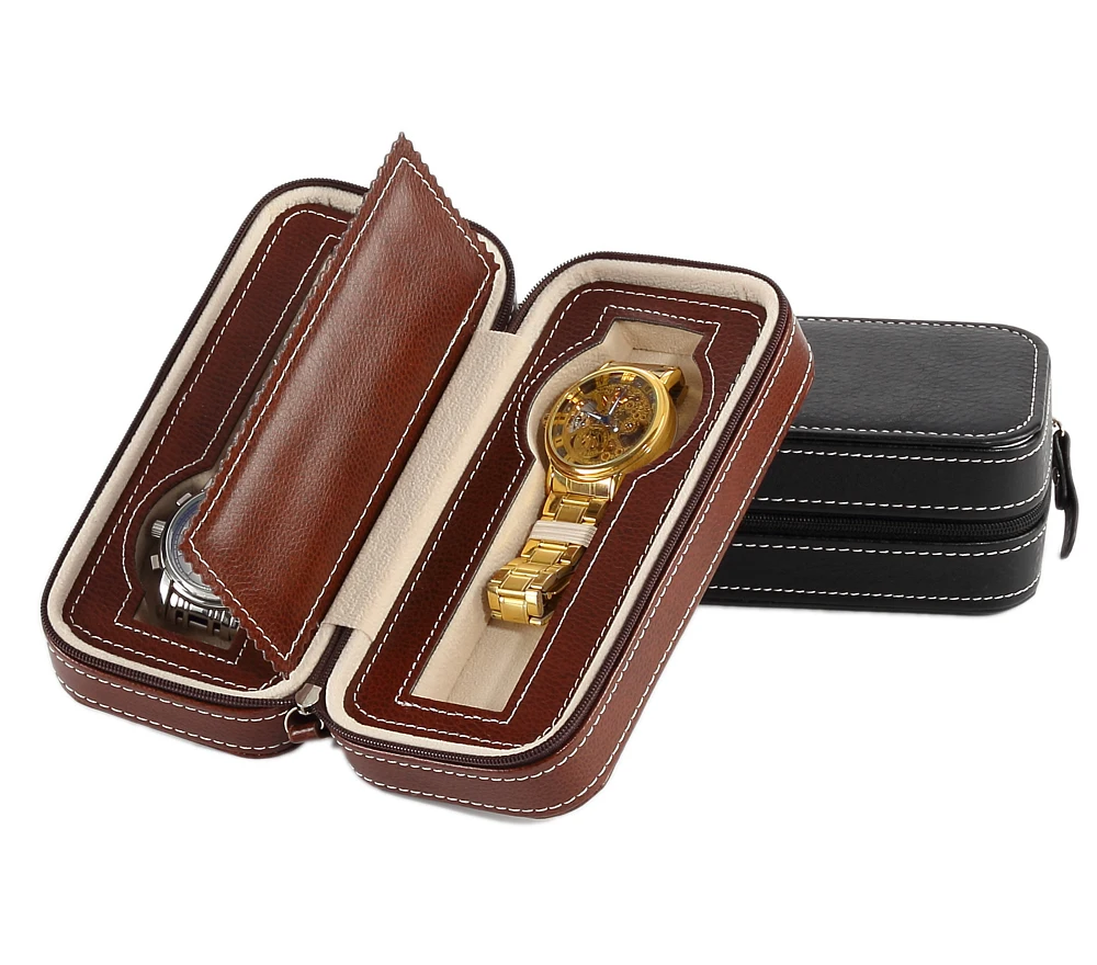 

Zipper 2 Slot Personalized Luxury Portable Retail Storage Display Leather Travel Watch Jewelry Box