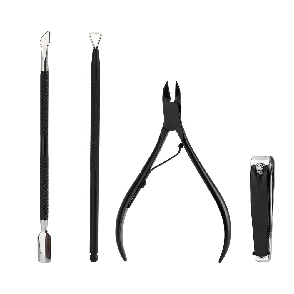 4PCS  Black  Stainless Steel  Durable Manicure Pusher  Cuticle Remover Cuticle Nippers Pedicure Set