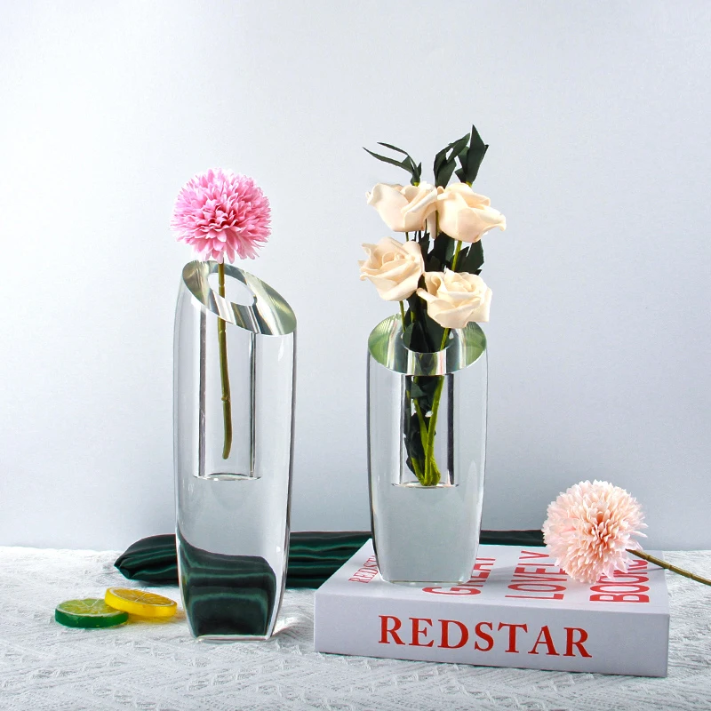 

Home Office Desktop Decor Beveled Cylinder Shaped Crystal Glass Flower Vase Clear Crystal Vase