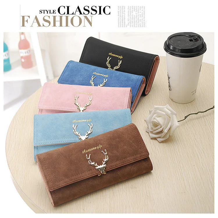 

Fashionable Wallets For Women With Metal Deer Pattern Elegant Credit Card Holder Ladies Wallet Frosted Surface Coin Purse, Black, pink, brown, deep blue, light blue