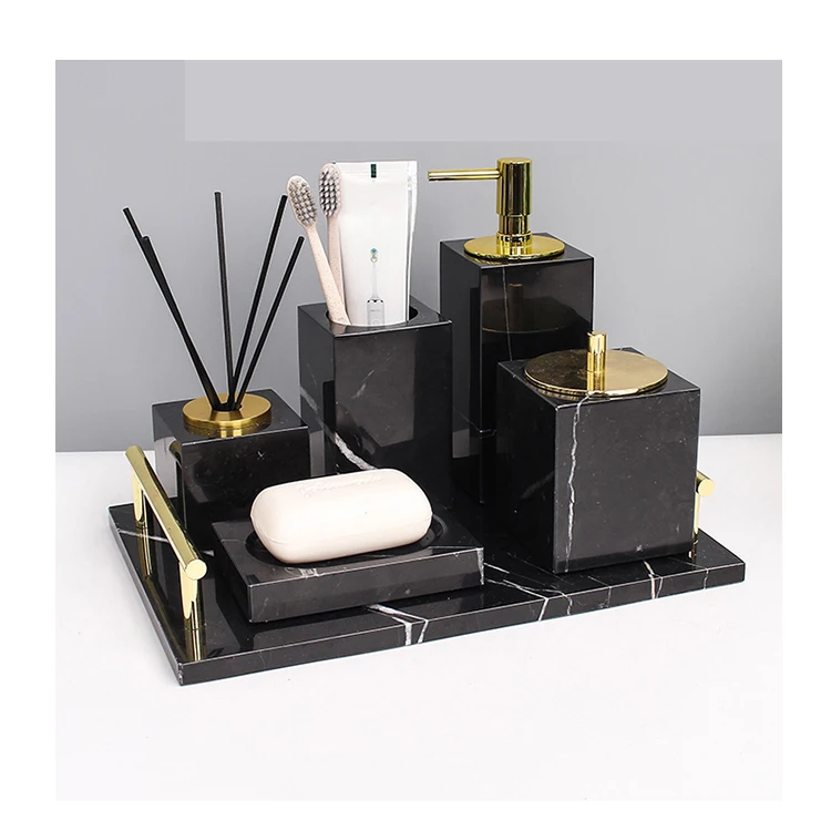 

6 pcs one set Black Marble Bathroom accessory set, Black and gold