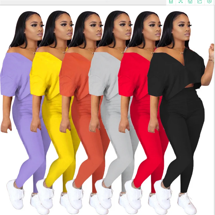 

Woman Solid Color Short Sleeve Zipper Neck Pure Color Long Trousers Two Piece Set, Customized color