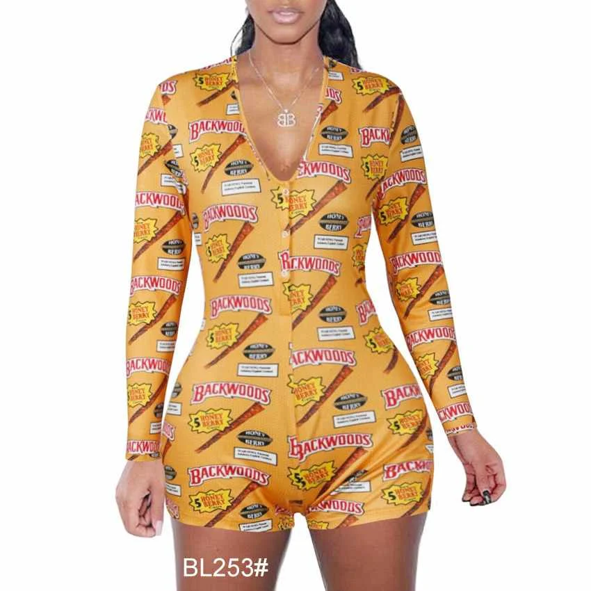 

Onesie Milk silk blouse jumpsuit printed cigar long sleeve V-neck buttons Wholesale women Sexy Tops & Blouses one-piece, Dark blue /purple /red /yellow