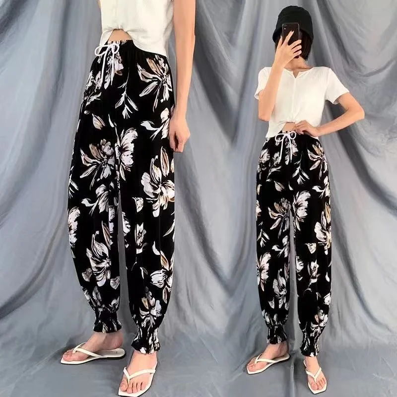 

Wholesale new style loose bound leg women's trousers nine-point trousers thin pattern ice silk lantern trousers beach pants, 17 colors