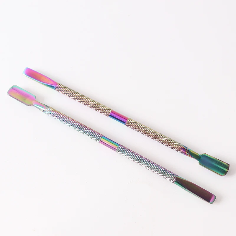 

High quality stainless steel dual ended anti slip handle rainbow cuticle pusher, Rainbow pink,customized