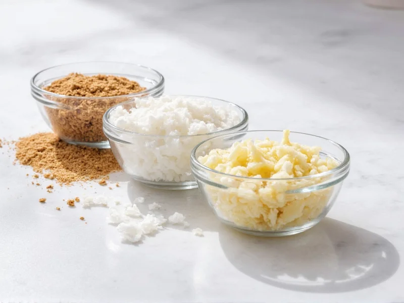 Three glass bowls with natural exfoliator ingredients