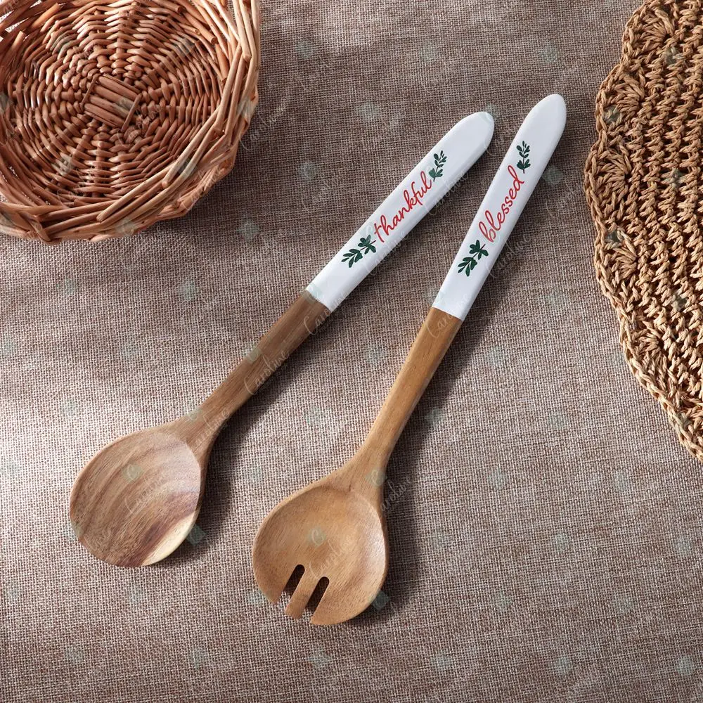 

In Stock Grateful Salad Cutlery Serving Acacia Wood Fork and Spoon, Wood color