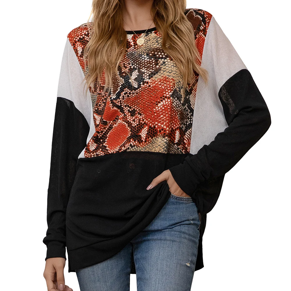 

Fashion Women's Long Sleeve Snake Skin Stitching Casual Loose Bat Sleeve Large T-shirt, As show