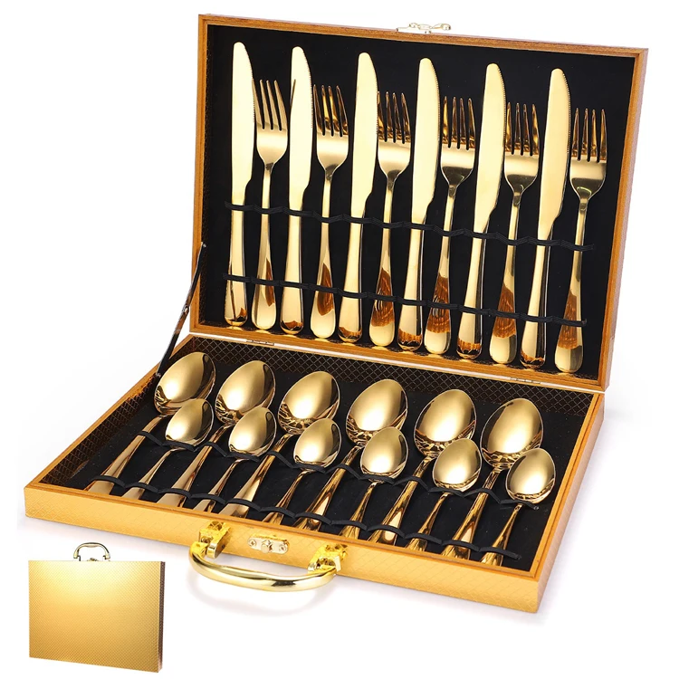 

Eco Friendly 24pcs Stainless Steel Cutlery Set Gold Plated Flatware Sets With Wooden Box