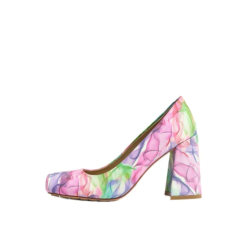

High heels women's new leather fluorescent bright flower square toe pumps fashion ballet women's shoes