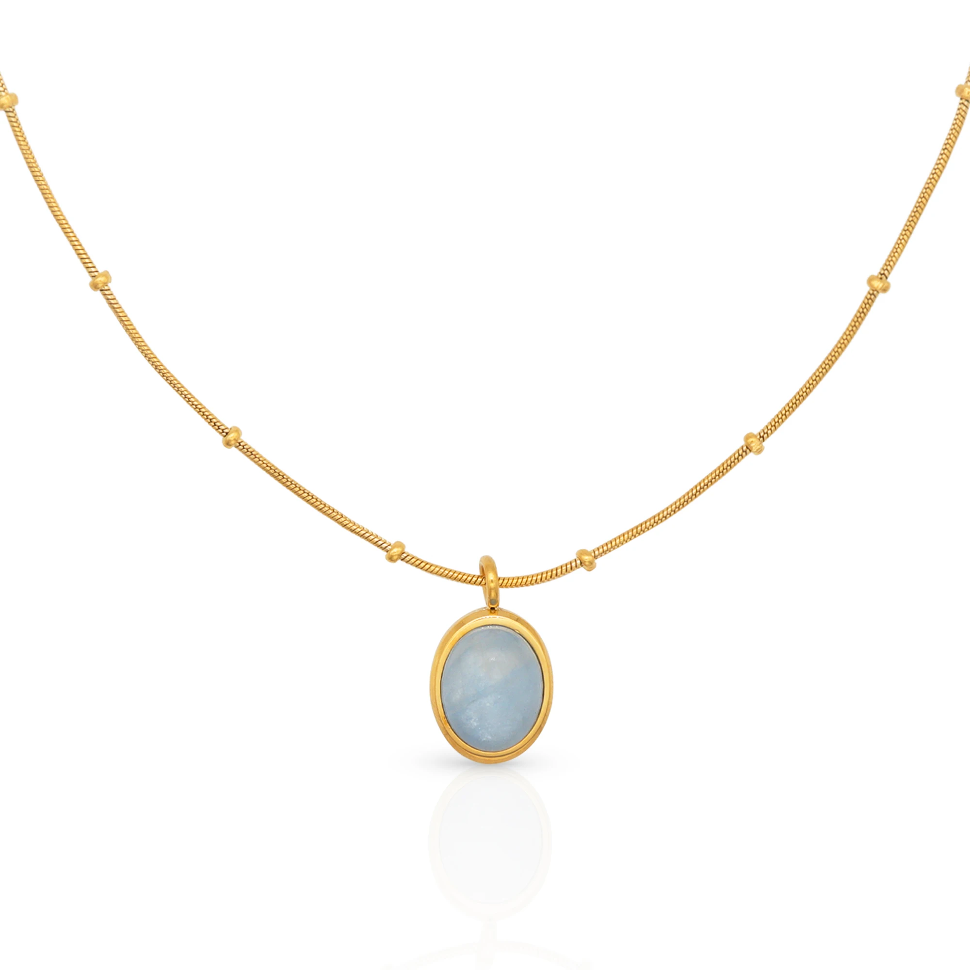 

Chris April in stock gold plated stainless steel Minimalist Blue oval aquamarine pendant necklaces with snake chain