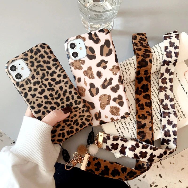 

Leopard Print Phone Case For iPhone 13 12 11Pro Max XR XS Max X 8 7 Plus Luxury Strap Soft Silicone Lanyard Cover For iPhone 12