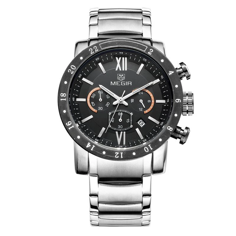

Reloj Hombre Megir 3008 Original Brand Luxury Chronograph Sport Watch Waterproof Fashion Quartz Analog Men Watches, Black, silver, white