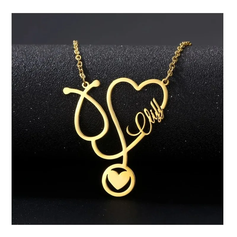 

Custom Name Medical Stethoscope Necklace Stainless Steel Fashion Heart ECG Necklace Nursing Jewelry Friendship gift, Gold/platinum/rose gold