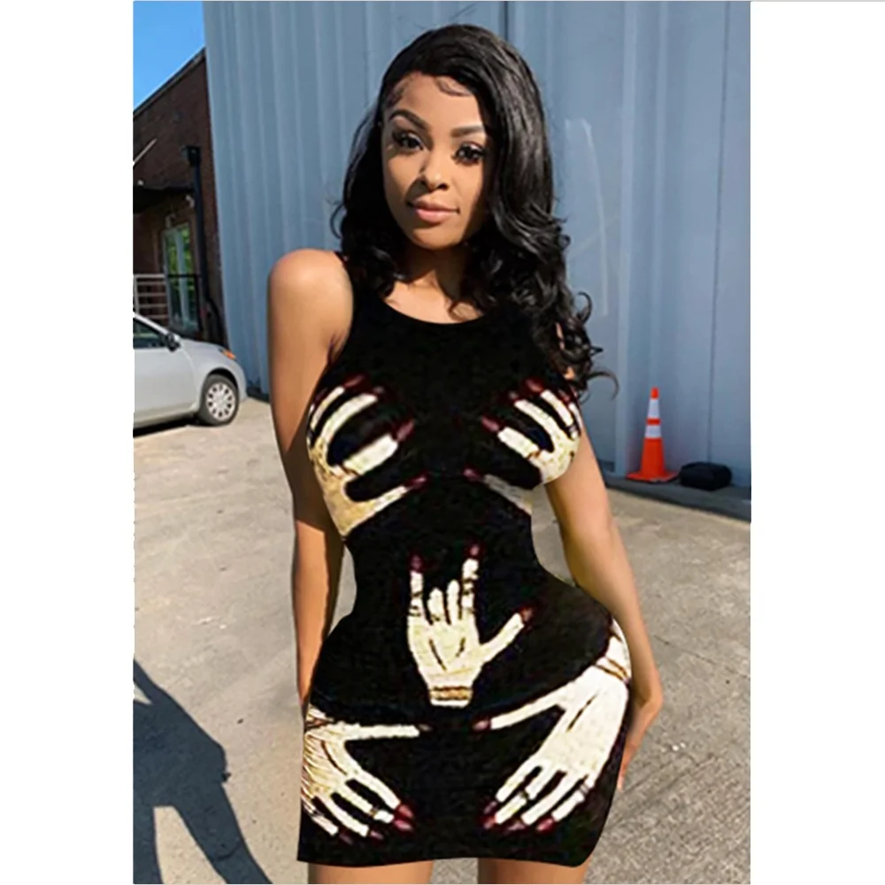 

Finger printed short mini sexy night club dresses for girls, As shown