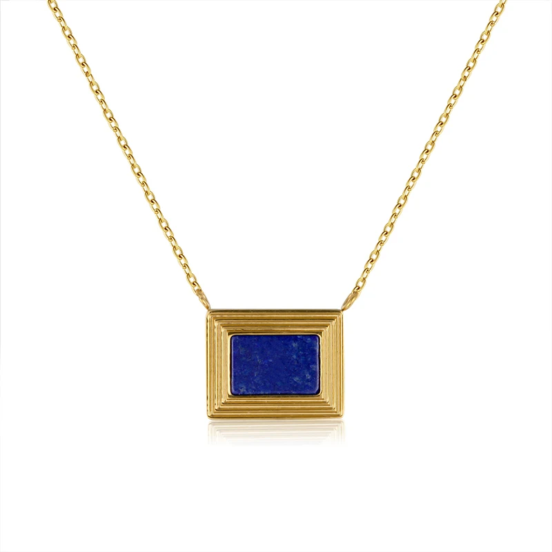 

Dainty Stainless Steel 18k Gold Plated Women Jewelry Sapphire Blue Cz Stone Rectangle Blue Gemstone Necklace