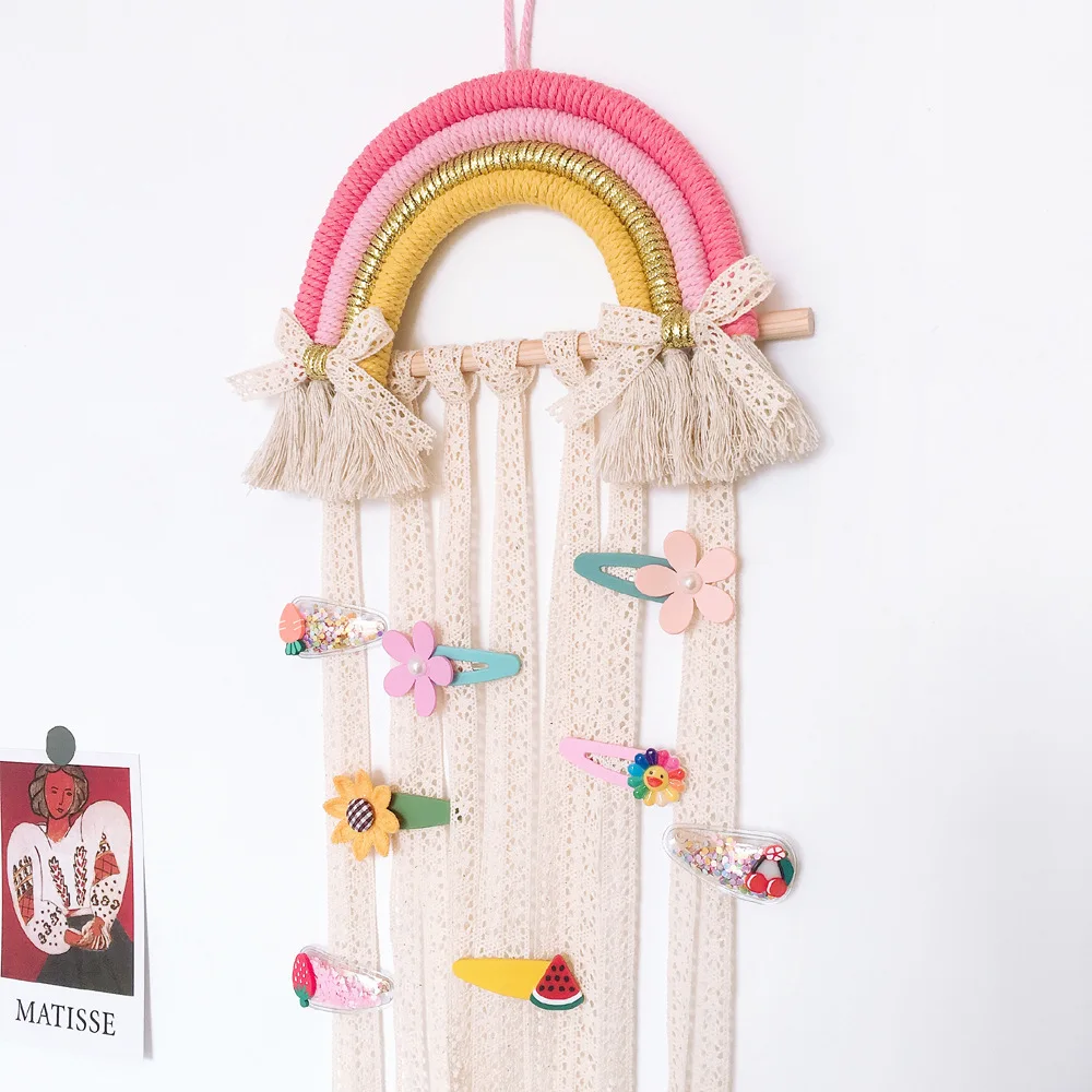 

Boho Style Macrame Wall Hanging Rainbow Hair Bow Holder for Girls Room, Rainbows