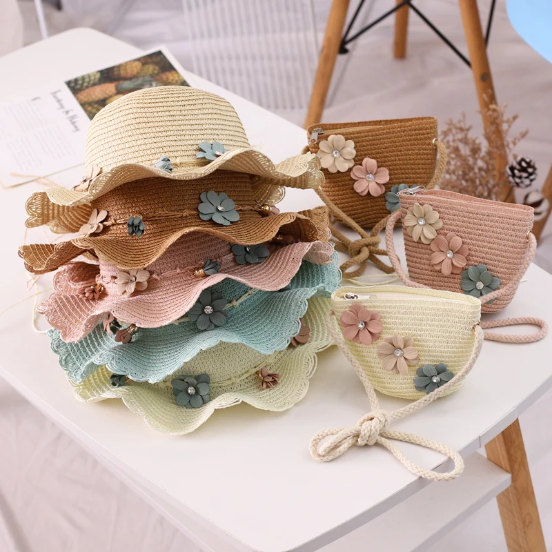 

2021 New Bags Fresh Holiday Children's Straw Summer Handbags Girl Travel Wild Beach Accessories Sweet Bag Set