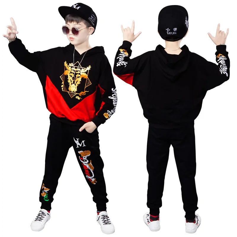 

2021 Cow Head Printed Grass Field Hoodie and Pants Boys Clothes Children's Tops Sports Suits Children, Black