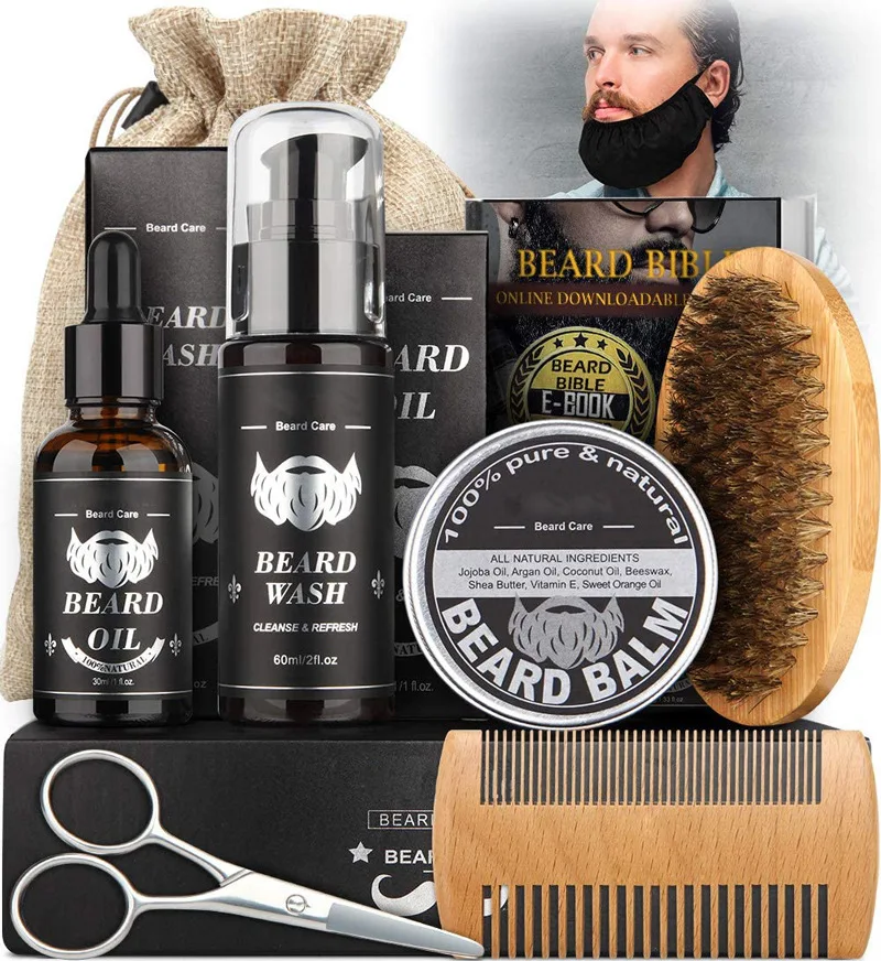 

Gentle Men barba Beard Growth Kit Beard Grooming Kit Private Label Oil Wax Balm Wash Combs Scissor Brush Bag Gift set
