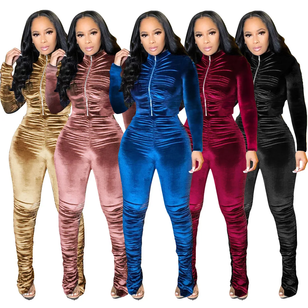 

Winter Custom Logo 2pc Stacked Pants Set Women Jogging Sweatsuit Pleated Turtleneck Zip Up Tracksuit Velvet Two Piece Pants Set