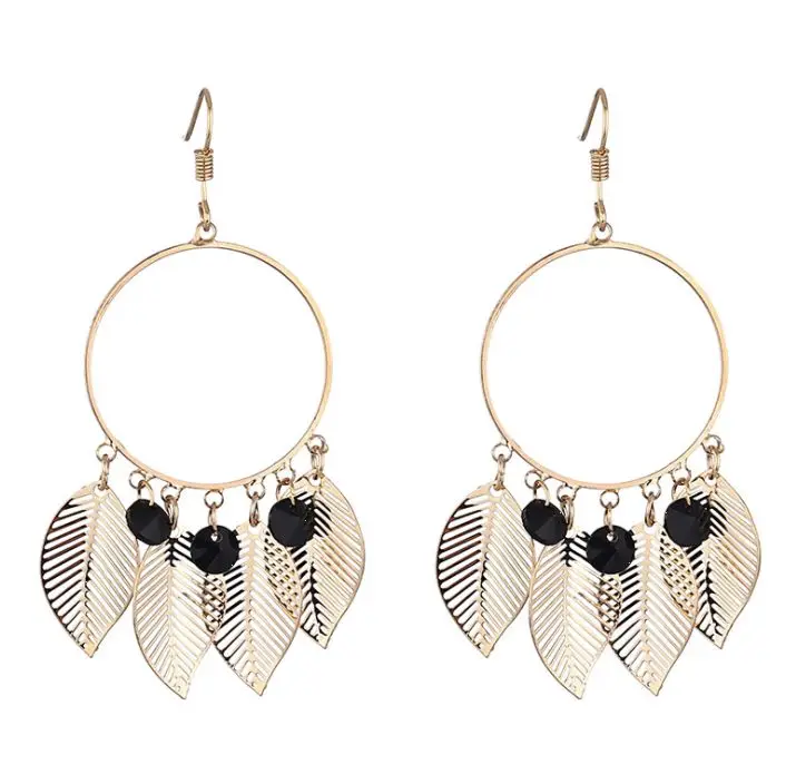 

Hot sale leaf earrings vintage metal geometric hollow tassel earrings wholesale