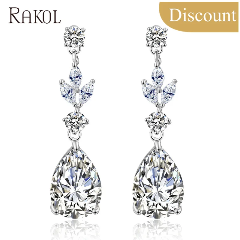 

RAKOL E4004 New Design Jewelry Girls Style Water Drop Crystal Stone Hook Earring E4004, White