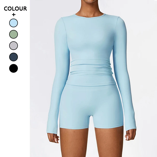 Active Wear Women Long Sleeve Plus Size XL Yoga Set Gym Clothing Workout Fitness Top High Waist Shorts Leggings 2Pcs Sports Suit