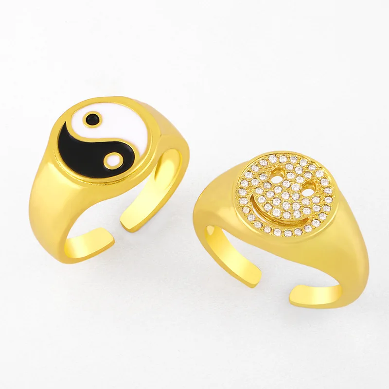 

Fashion 8K Gold Plated CZ Pave Open Smile Face Enamel Adjustable Ring Tai Chi Enamel Jewelry Women