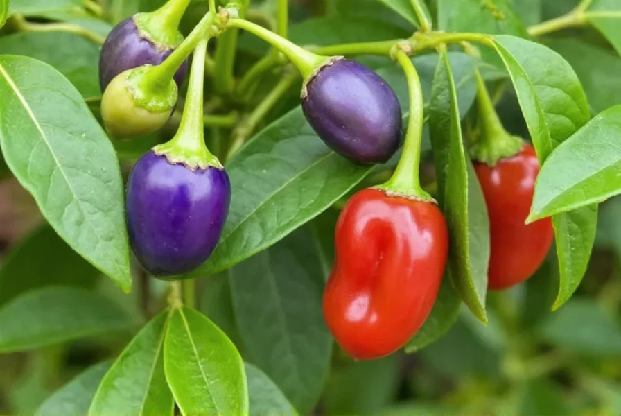 Close-up view of ornamental blue pepper plant showing immature purple-blue peppers alongside mature red peppers on the same plant
