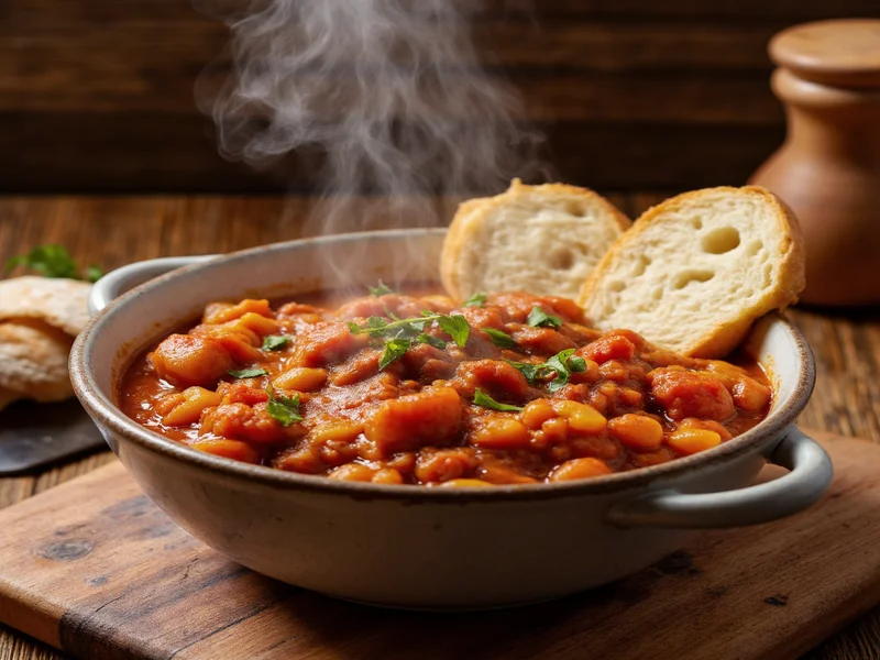 Steaming bowl of homemade goulash with crusty bread