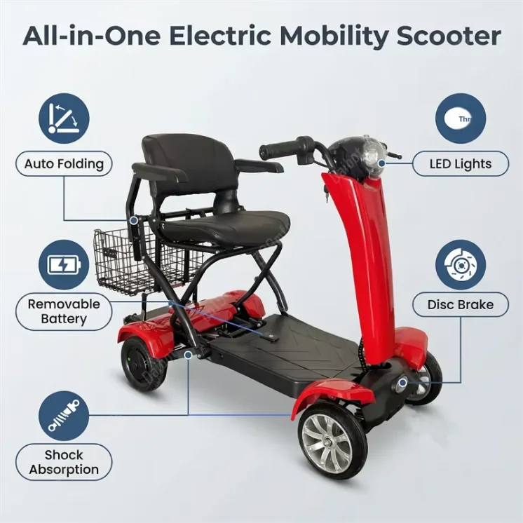 Auto Fold Dual Motor 4-Wheel Electric Scooter 36V 500W Lightweight 40-60km Range Unisex Portable Mobility Vehicle Elderly Riders