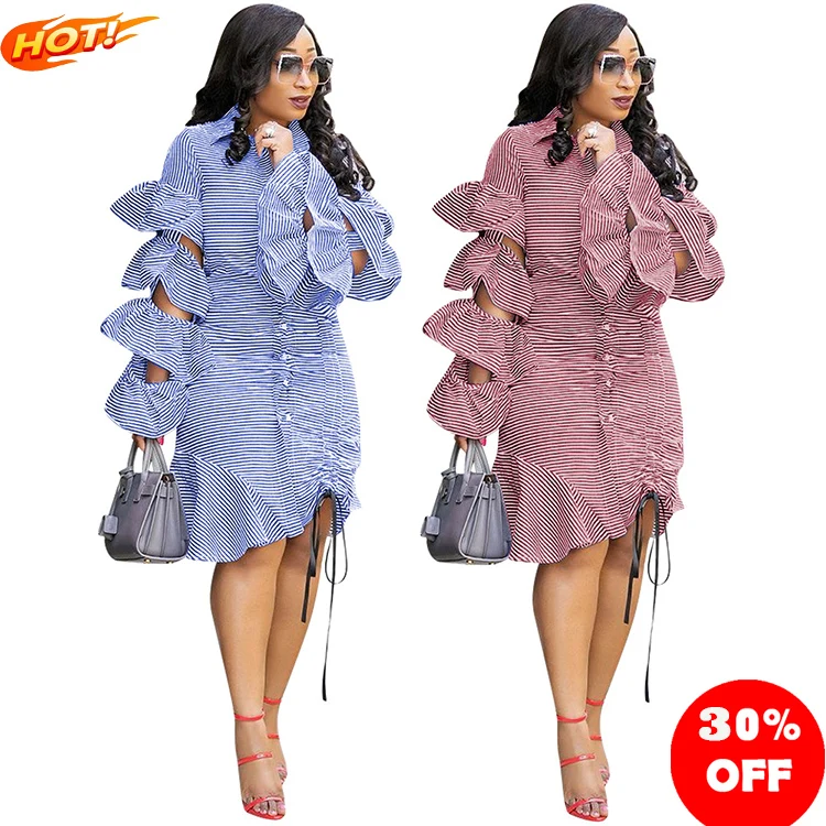 

Solid Color Long Sleeve Cut Out Fall Dresses Women Clothing Dress Layered Ruffled Sleeves Drawstring Tie Hem Striped Dress