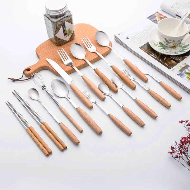 

Eco Friendly Stainless Steel Fork Knife Spoon Set Wooden Cutlery, Sliver