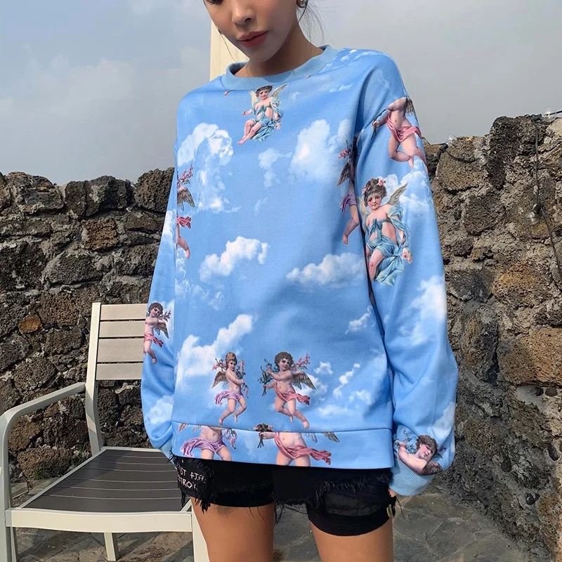 

Hot Sale Trendy Angel Printed Long Sleeve O-Neck Blouse Blue Custom Crop Tops Women Fashion Autumn Hoodie Tops Without Hood