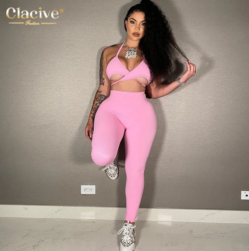 

Clacive High Quality Fitness Two Piece Set Halter Bandage Crop Top High Waist Jopper Set 2021 Sexy 2 Piece Set Women, Colorful two piece pants set