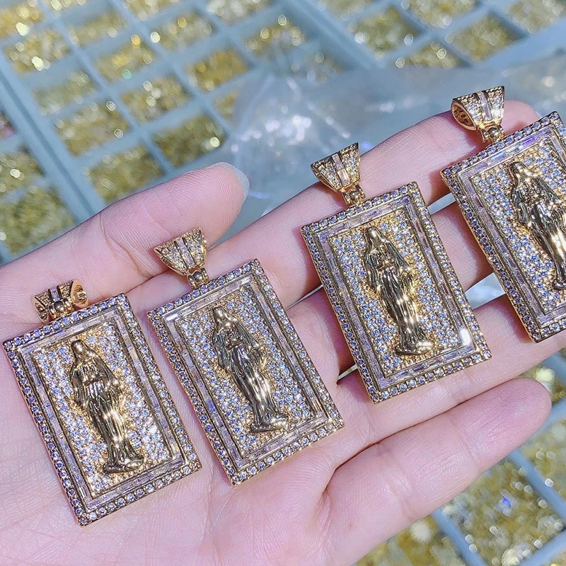 

Micro Pave Square Jesus Virgin Mary Blessed Jewelry Charm Zircon Religious Copper Gold Plated Pendant For Jewelry Making DIY