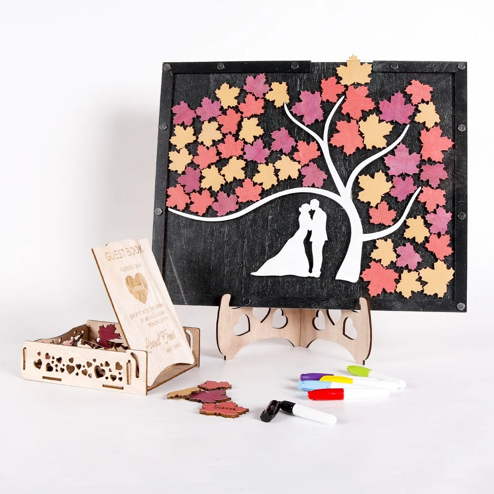 

Wedding Gift Ideas Couple Silhouette Keepsake Gift Custom Wedding Guest Book Alternative Tree of Leaves 3D guestbook Wooden Sign