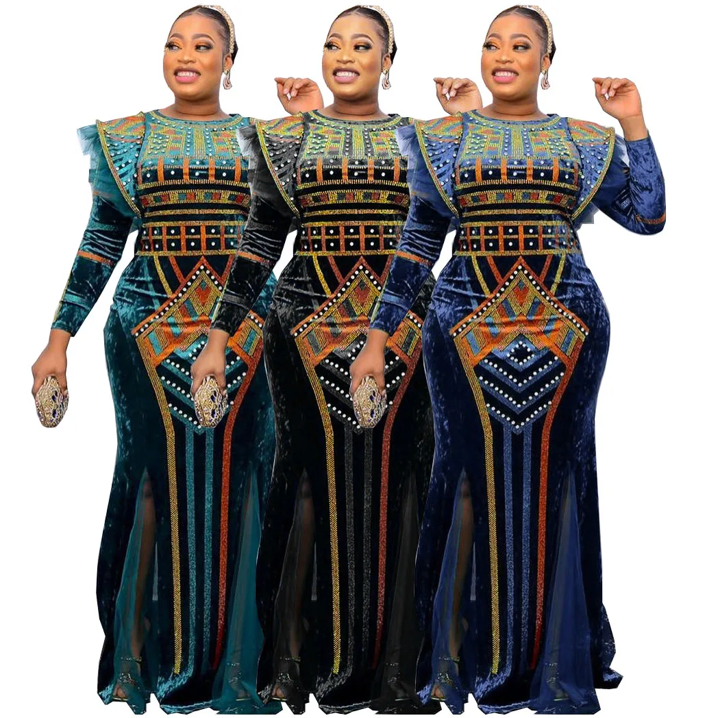 

2022 New Autumn Winter Elegant Rhinestone Party Prom Dress Fashion Loose African Gown Velvet Dresses