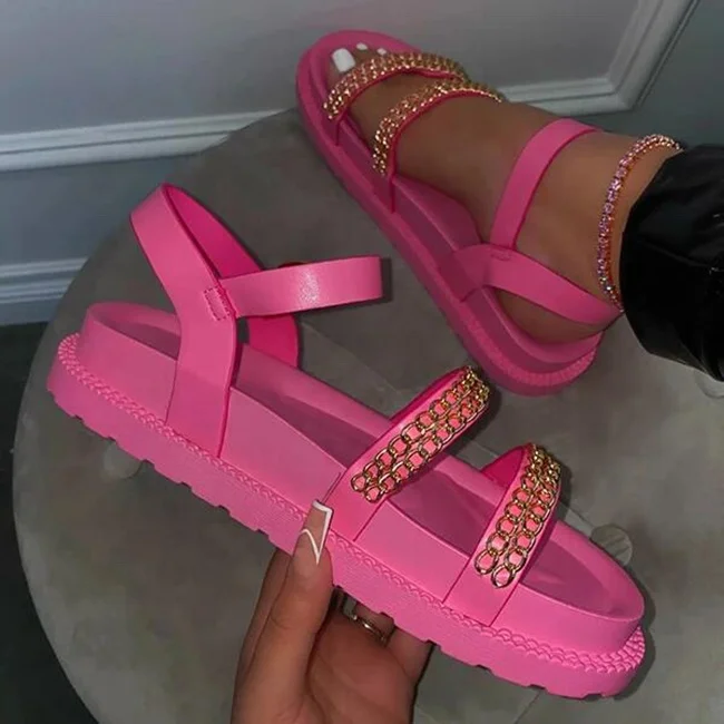 

2021 Hot Selling New Fashion Neon Pink Orange Black White Strap Chain Shoes Thick Soled Platform Wedges Big Size Buckle Sandals, Black pink white yellow