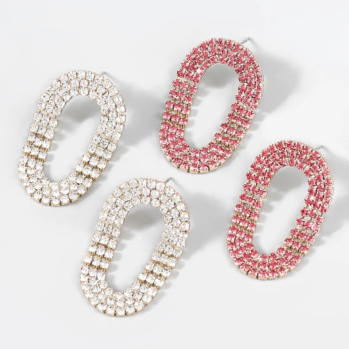 

Fashion Sparkling Full Pink Rhinestone Oval Statement Earrings Geometric Hollow Crystal Oval Stud Earrings