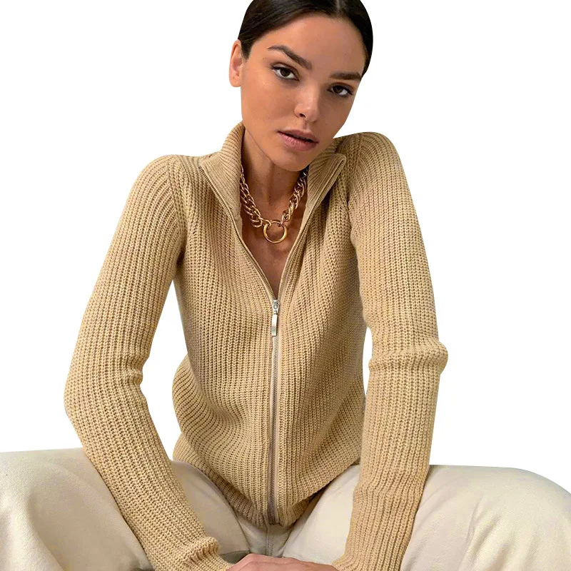 

Women Sweaters Knitted Wool Sweater Casual Zipper Knit Cardigan For Ladies, As pics