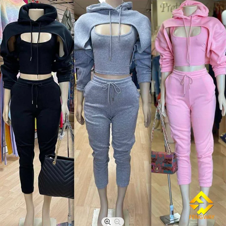 

custom woman Clothing vendor tracksuit winter thick cotton hoodie vest wtih sweat pants 3 piece set