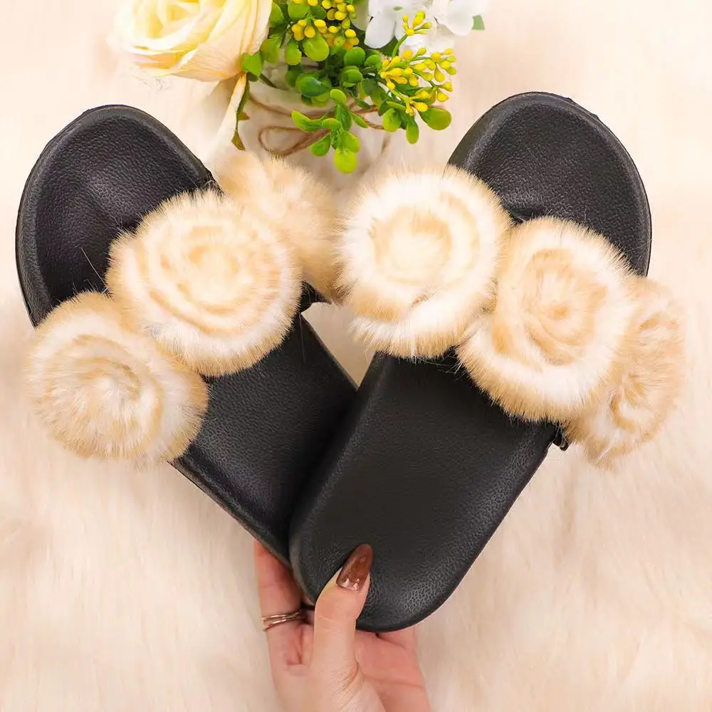 

New Style Sandals Indoor Outdoor Furry Imitating Rex Rabbit Flowers Fur Slippers, Customized color