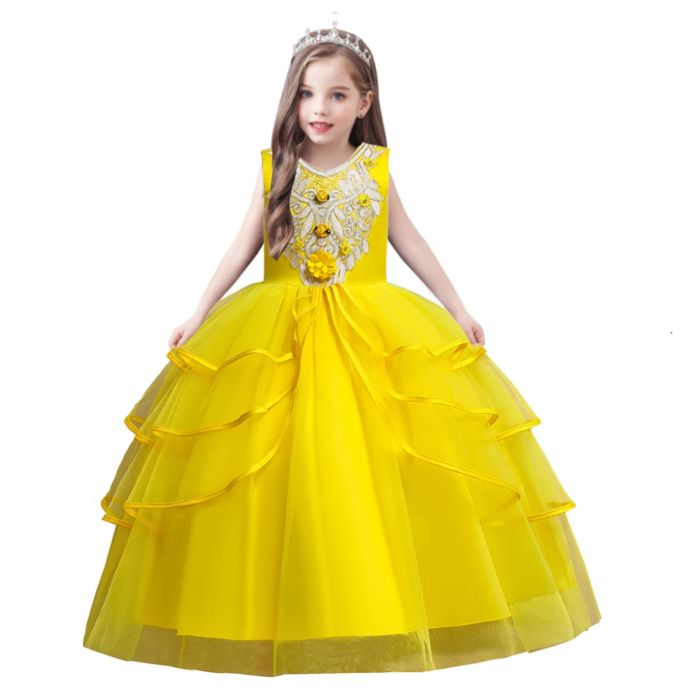 

Multi-layered flower big girl dresses for kids high-end sleeveless cotton girl wedding dress 5-14 years old long style