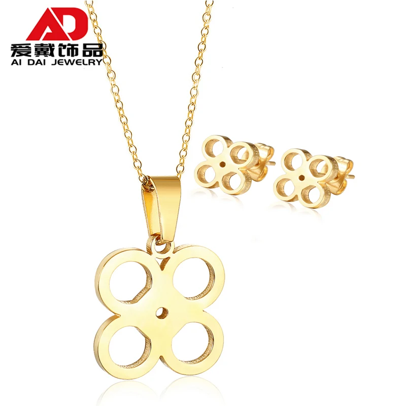 

Circle hollow small flower titanium steel pendant pendant necklace earrings set small fresh gold-plated children's earrings firs