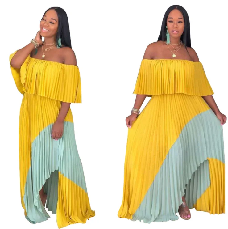 

Ankle-length ruffle long sleeve off shoulder solid A-line casual plus size women dress, Yellow, rose red